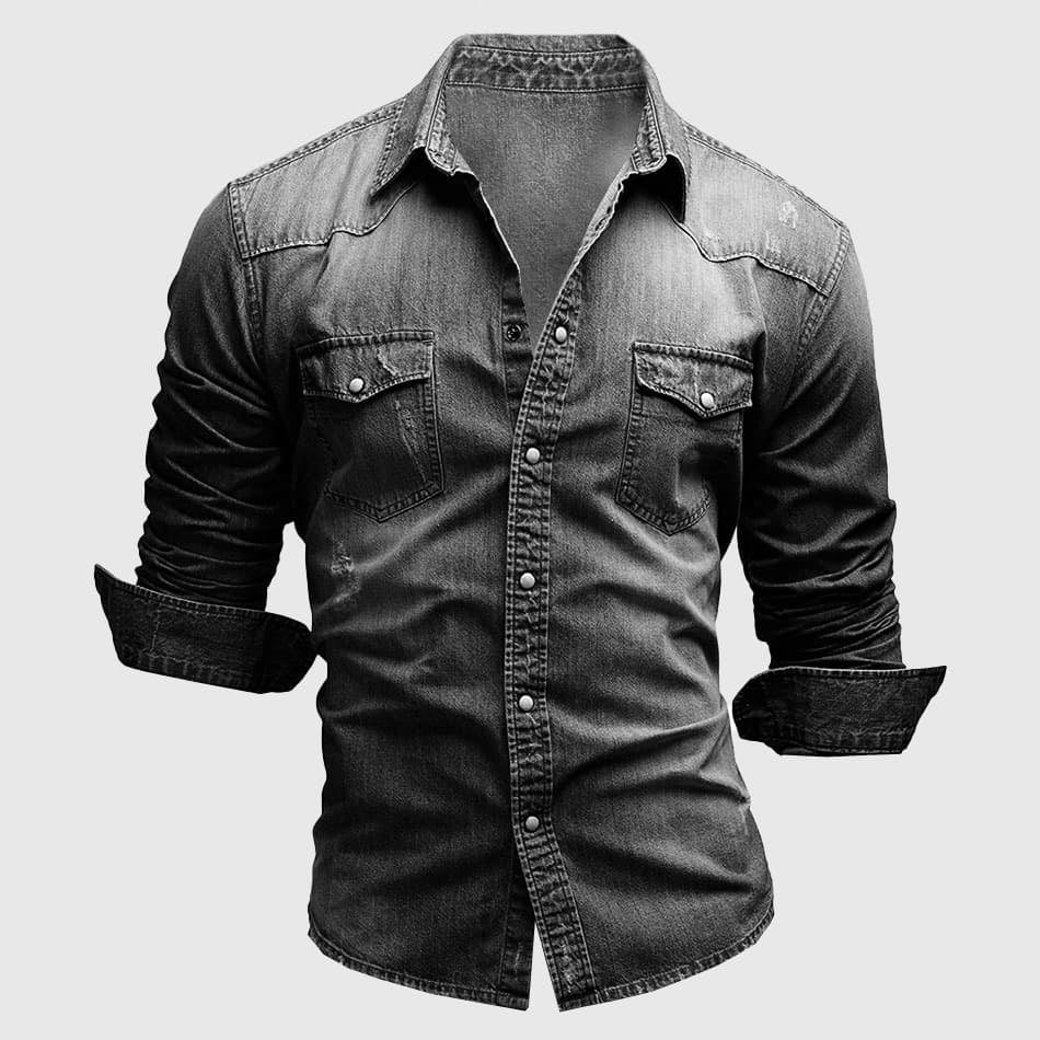 Men's slim fit blue denim shirt with fold-down collar and dual chest pockets cotton-rich blend