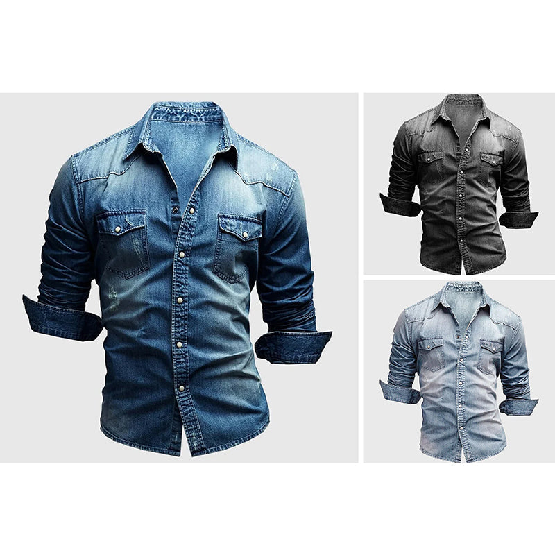 Men's slim fit blue denim shirt with fold-down collar and dual chest pockets, cotton-rich blend