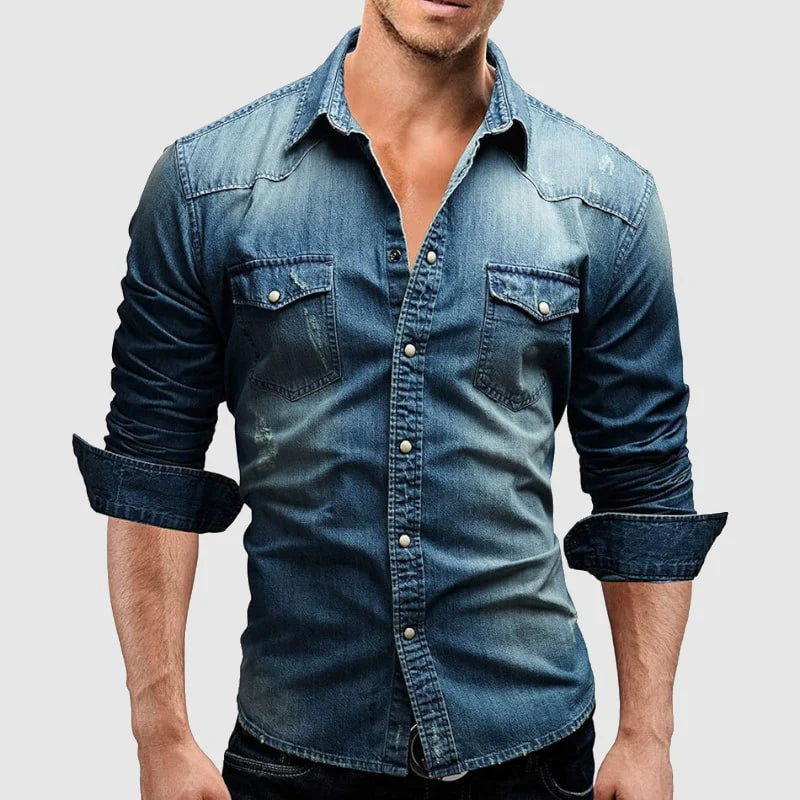 Men's slim fit denim shirt in classic blue, tailored silhouette with breathable cotton-rich fabric