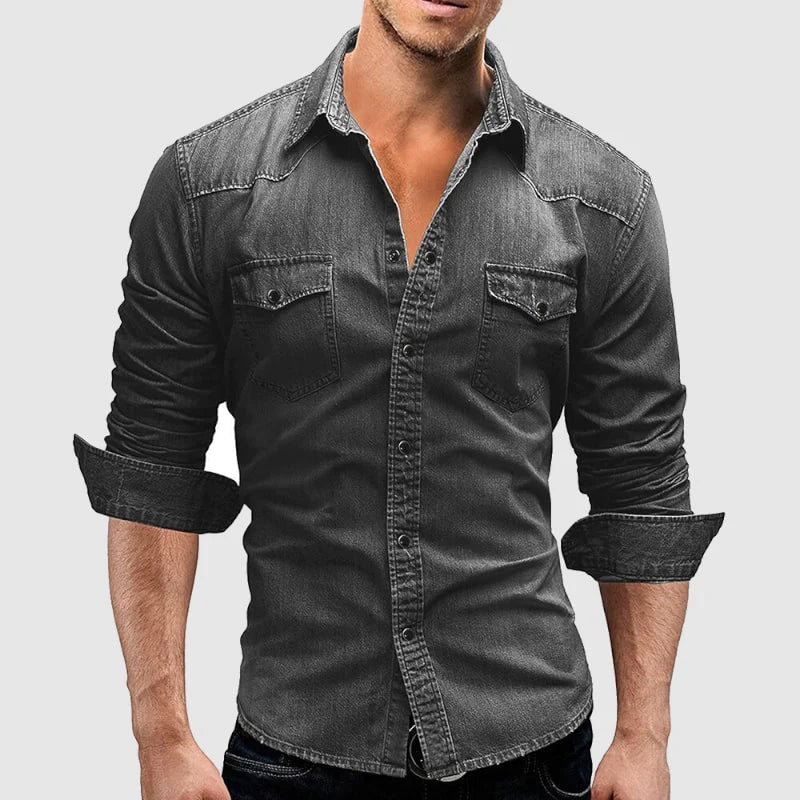 Men's slim fit denim shirt in classic blue with tailored silhouette and breathable cotton-rich fabric