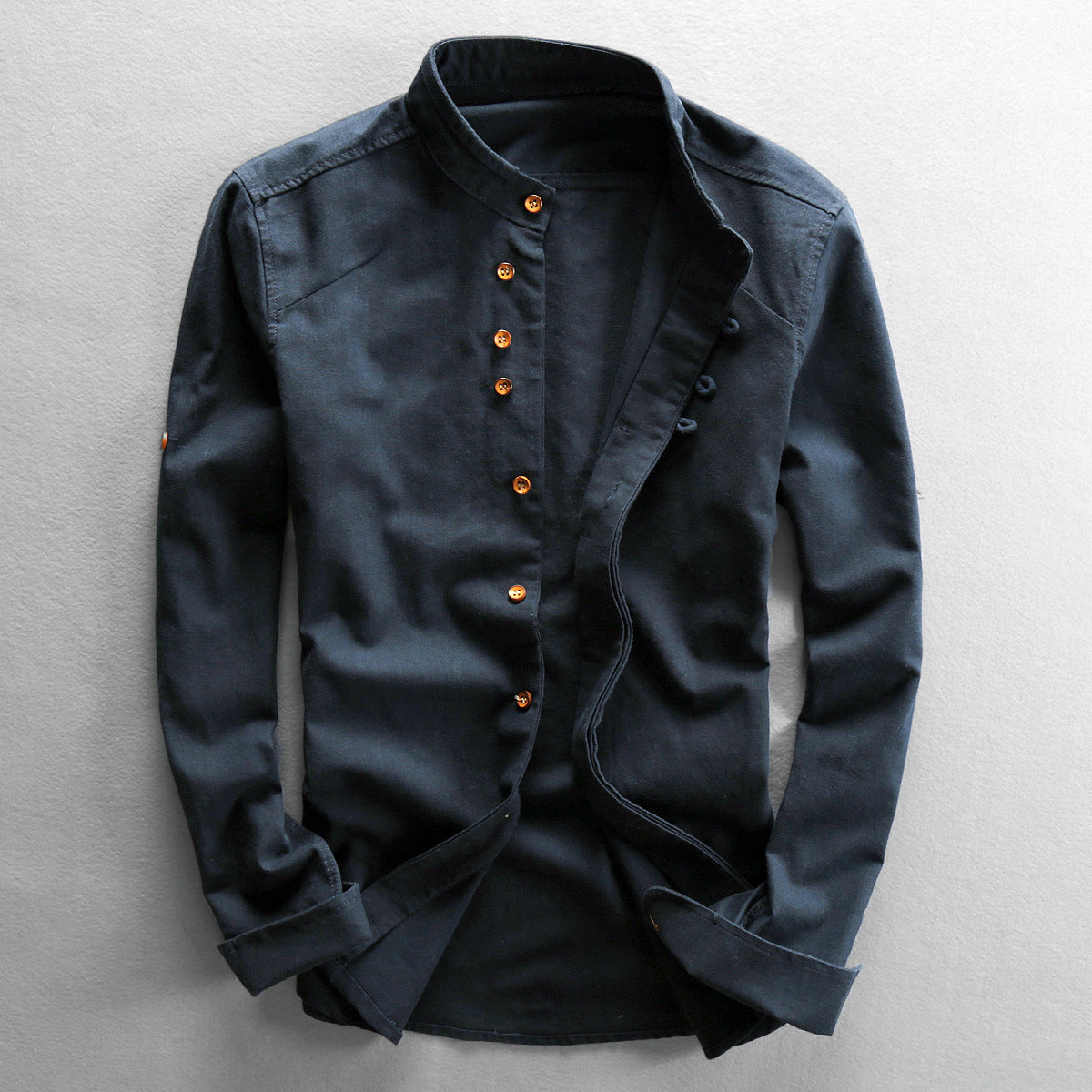 Men's beige linen blend Osaka shirt high collar Asian-inspired smart-casual summer style