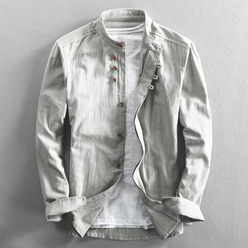 Men's beige linen blend Osaka shirt high collar Asian-inspired smart-casual summer style