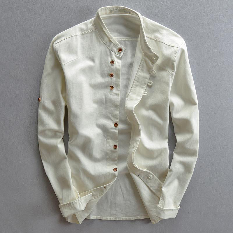 Men's beige cotton-linen blend Osaka shirt with distinctive high collar, breathable summer fit