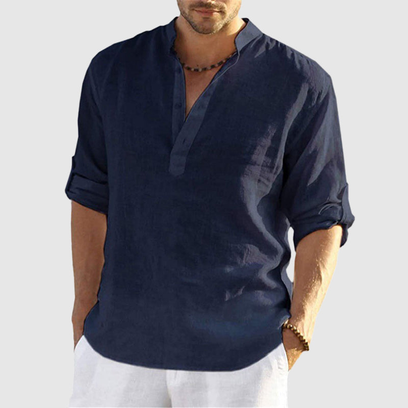 Unisex linen cotton-blend button-down shirt in 4 colors, lightweight breathable relaxed fit for beach