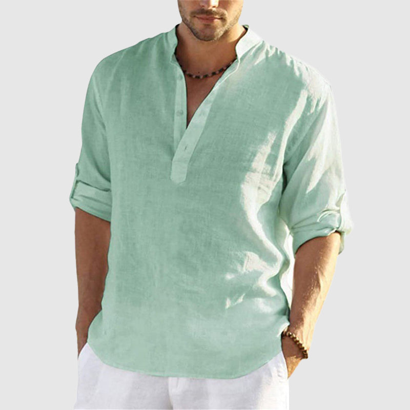 Unisex beige linen-blend button-down shirt relaxed fit breathable lightweight beach-to-city style