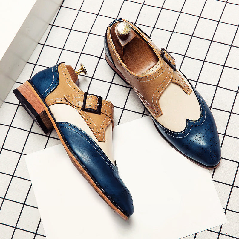 Men's brown pointed toe Oxford dress shoes with decorative brogue detailing for smart-casual style