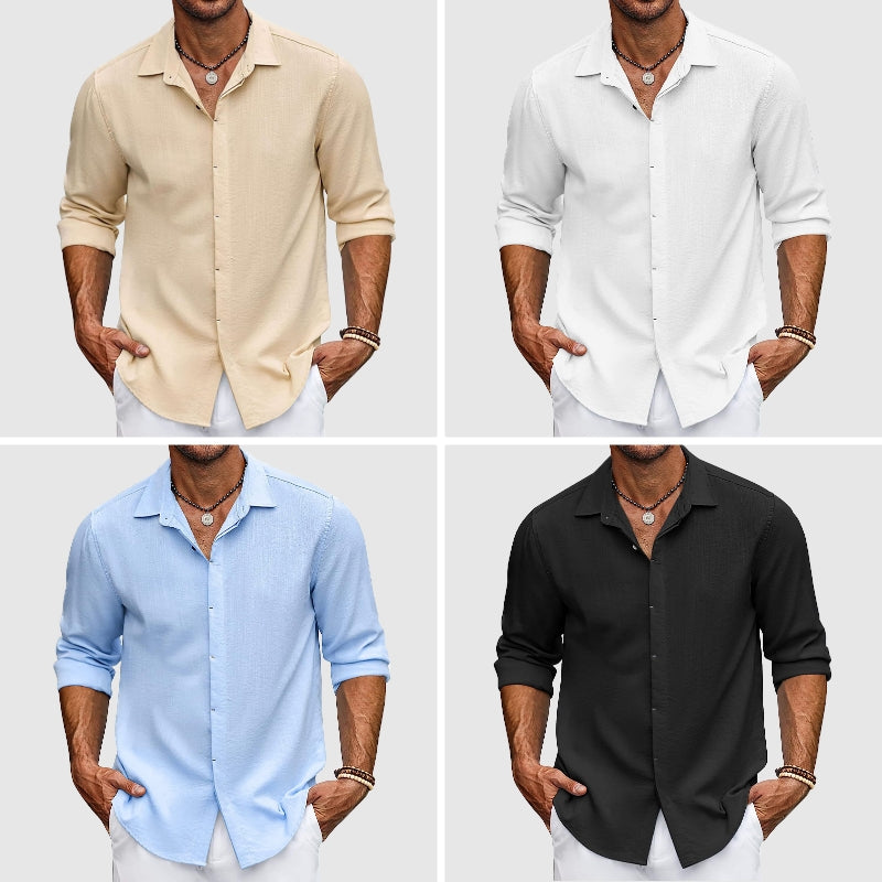 Men's white long-sleeve dress shirt lapel collar cotton blend timeless elegant Porto Alegre style