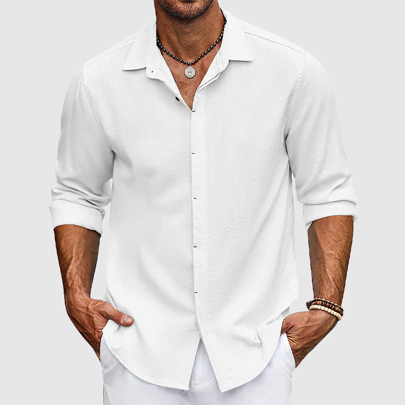 Men's white cotton blend dress shirt long sleeve lapel collar timeless elegant Porto Alegre style