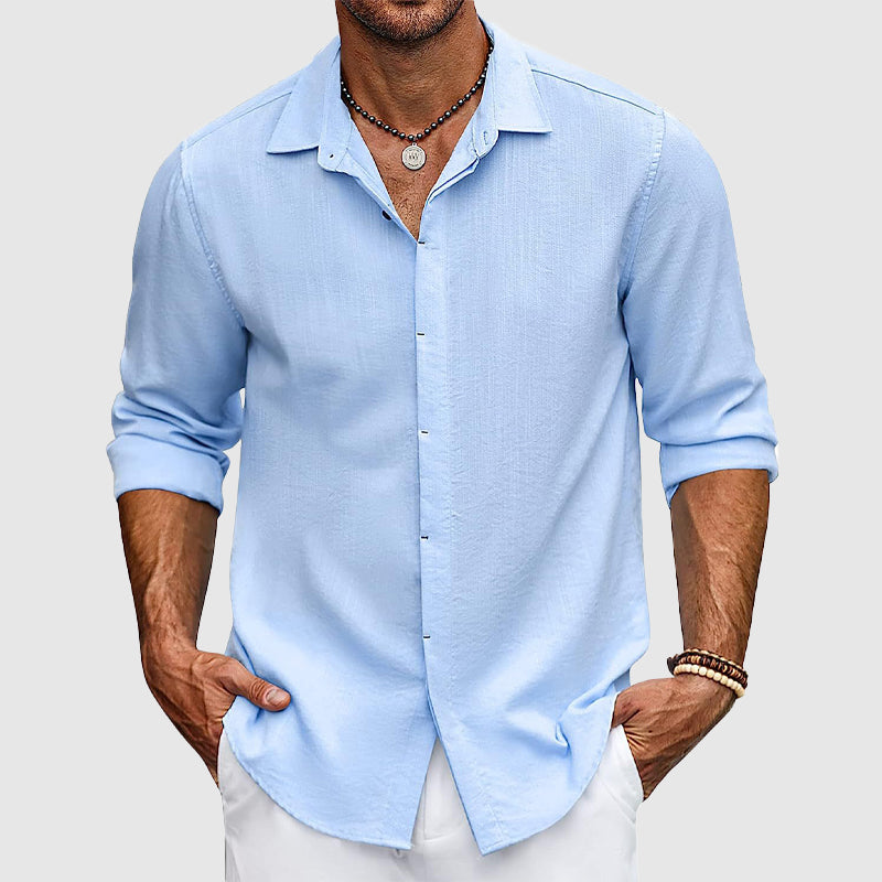 Men's white cotton blend dress shirt lapel collar long sleeve timeless elegant essential style