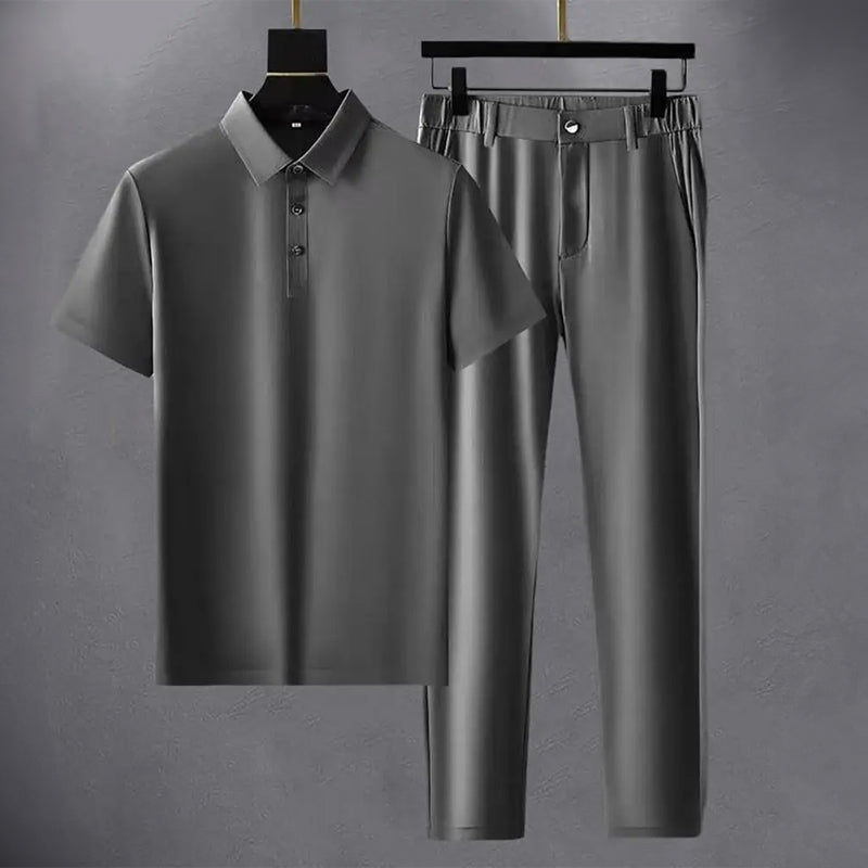 Men's short sleeve shirt and pants set with turn-down collar and half-button closure for professionals