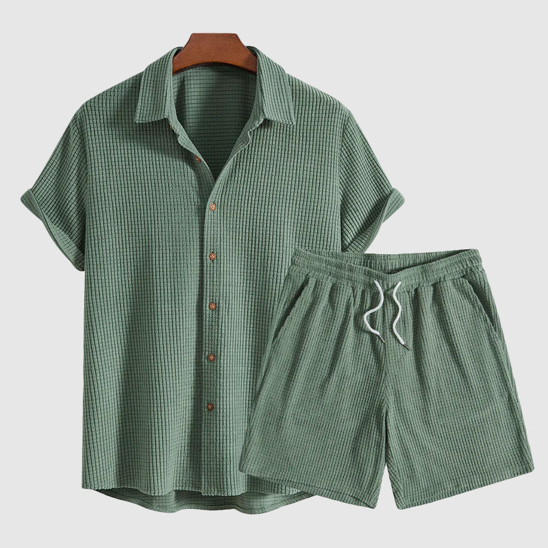 Men's relaxed beige short-sleeve shirt and drawstring shorts matching set with turn-down collar