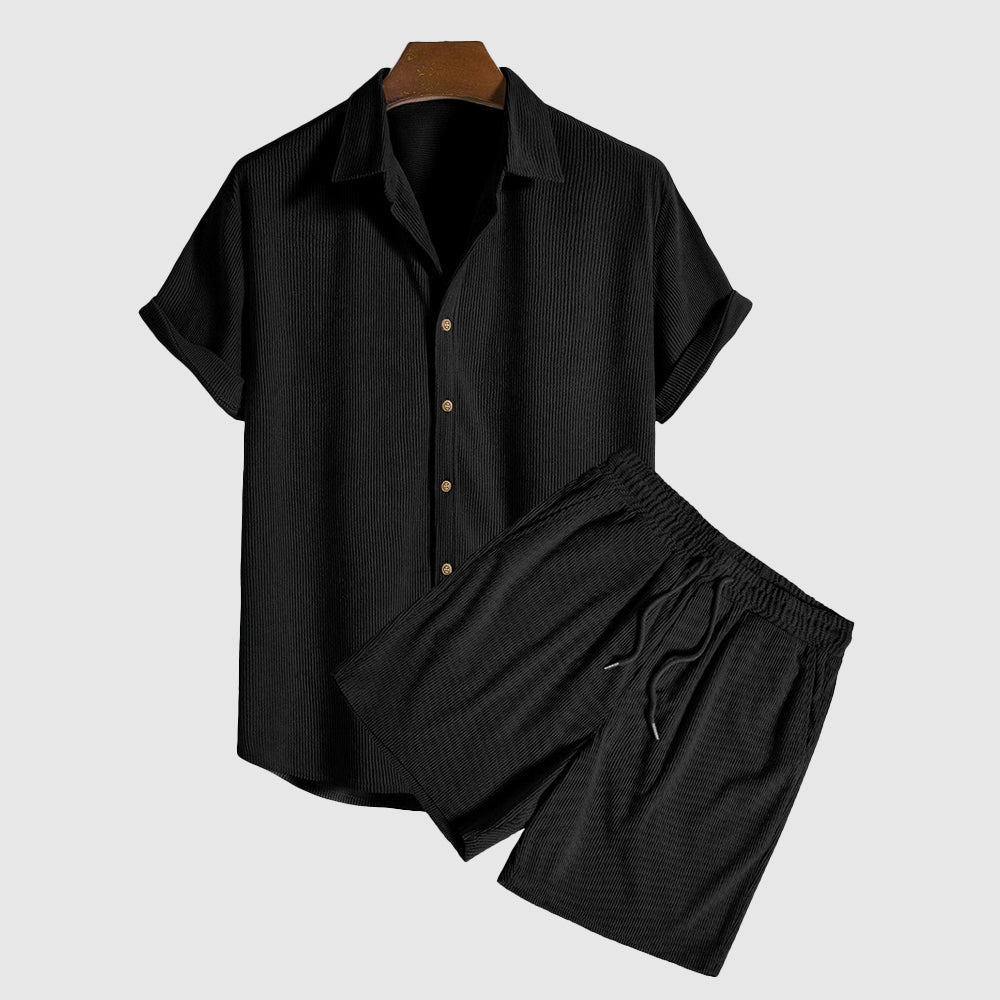 Men's relaxed short-sleeve shirt and drawstring shorts matching set in casual everyday style