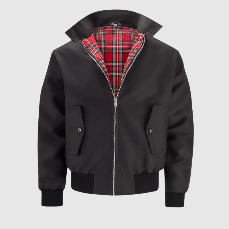 Men's retro navy jacket polyester-cotton blend with signature tartan lining classic British style