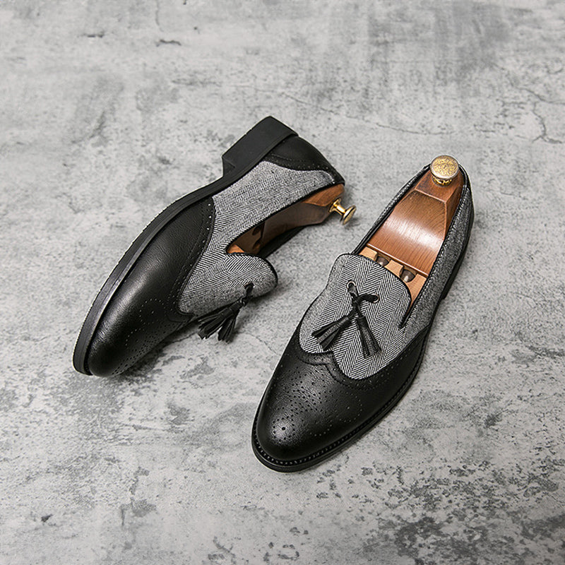 Men's brown black retro tassel loafers slip-on vintage PU upper smart-casual dress shoes