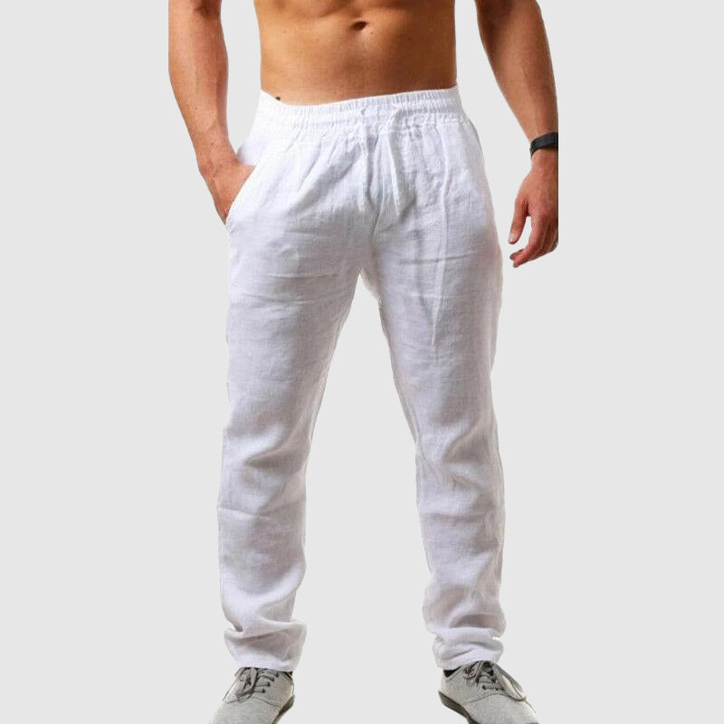 Men's beige linen cotton blend casual pants relaxed fit breathable summer trousers urban style