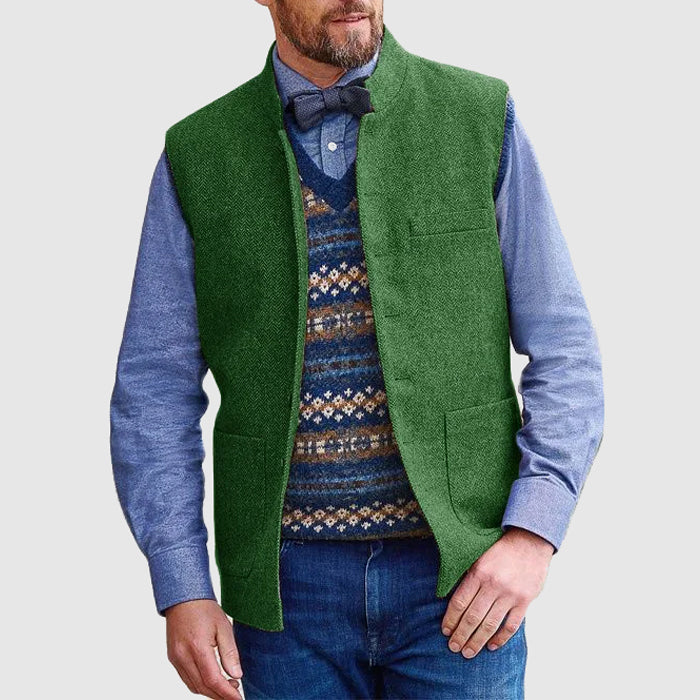 Men's wool blend vest stand collar structured fit hip length with utility pockets urban style