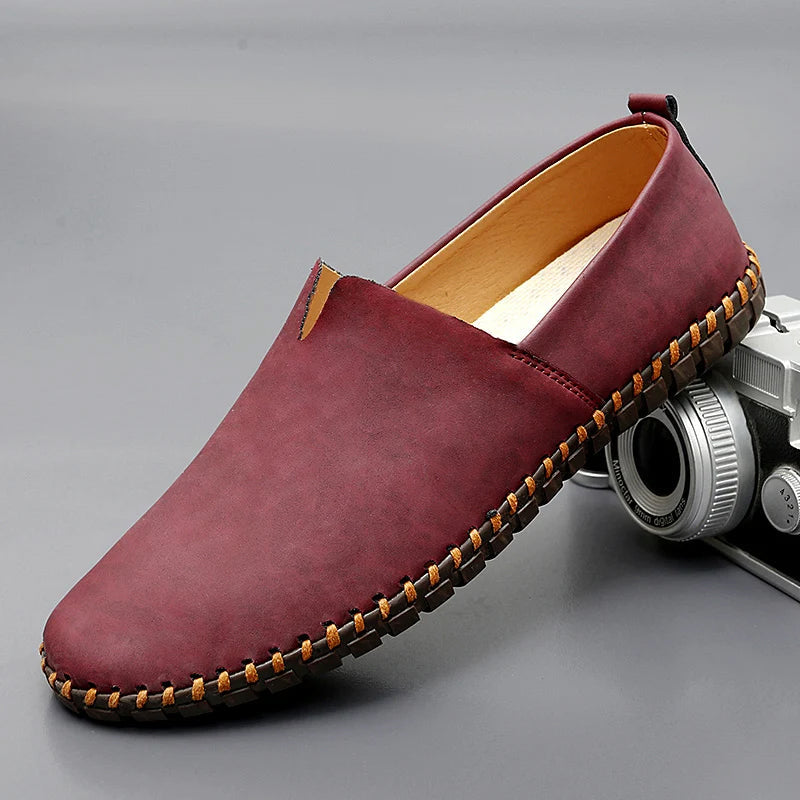 Men's tan premium leather slip-on loafers with refined round toe, versatile casual semi-formal style