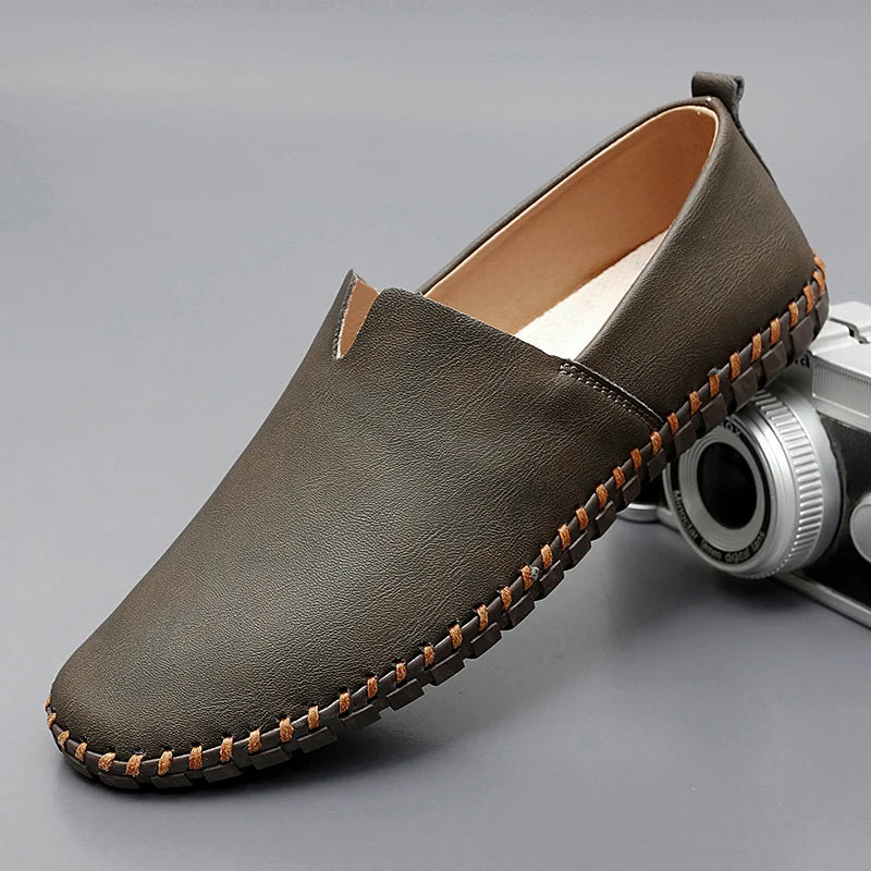 Men's tan premium leather slip-on loafers with refined round toe, Urbann-Vibe Santorini style
