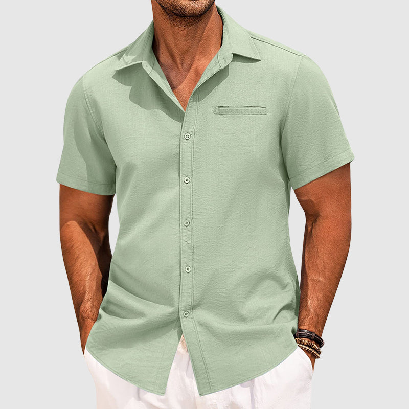 Men's short-sleeve summer shirt lapel collar hidden chest pocket polyester blend modern fit