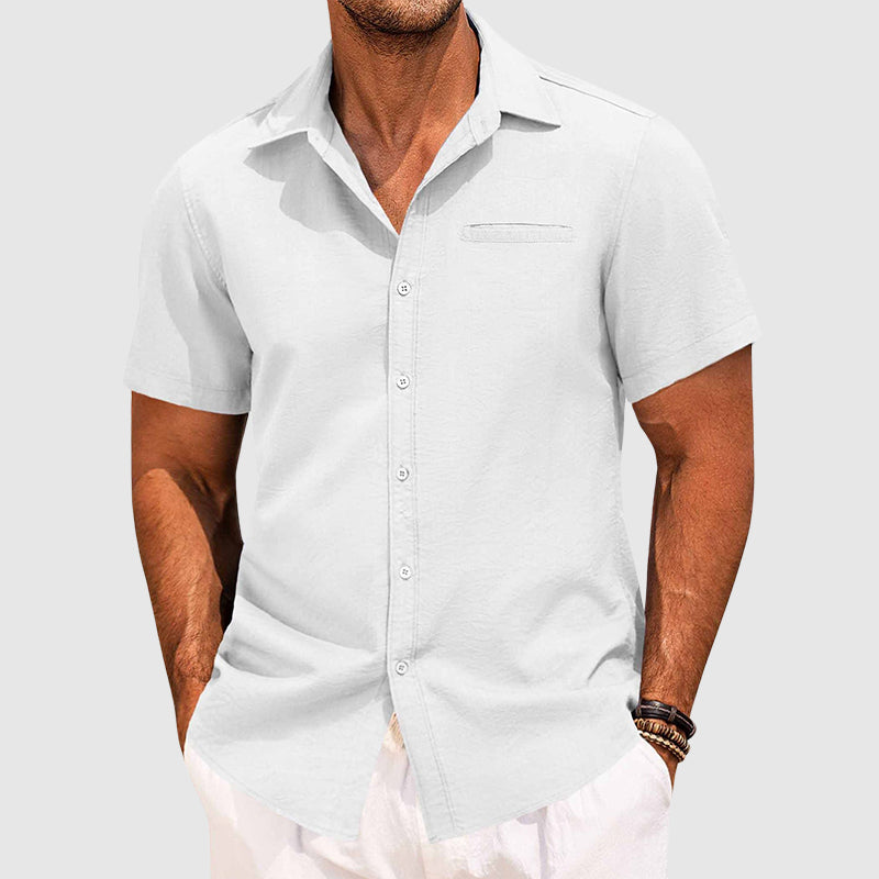 Men's short-sleeve summer shirt sky blue lapel collar with hidden chest pocket slim modern fit