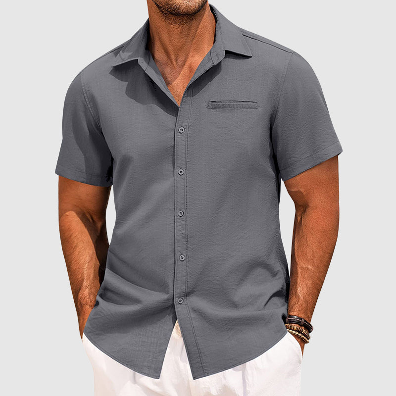 Men's short-sleeve summer shirt light blue lapel collar with hidden chest pocket modern fit