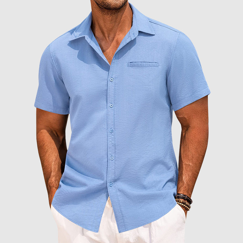 Men's short-sleeve seaford summer shirt with lapel collar and hidden chest pocket in sleek modern fit