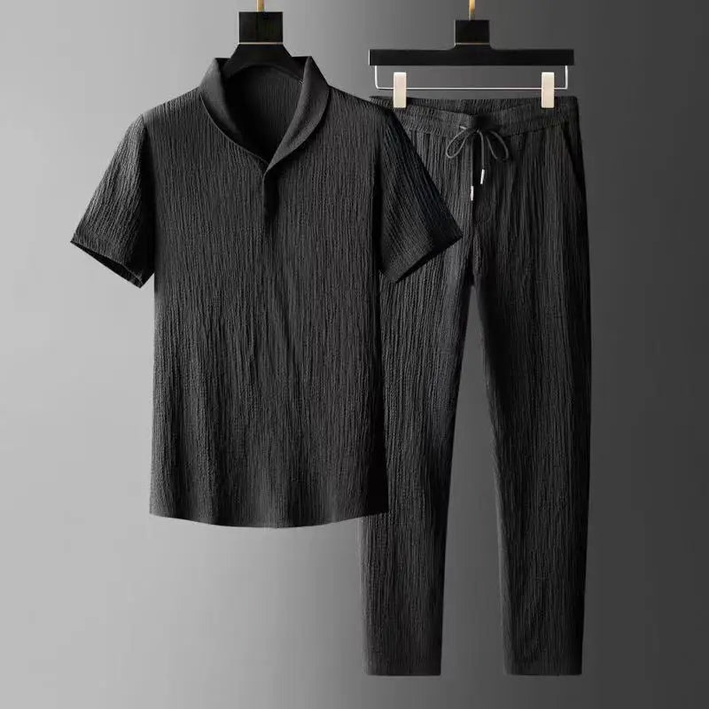 Polyester blend v-neck short-sleeve loungewear set with elastic drawstring waist for relaxed home comfort