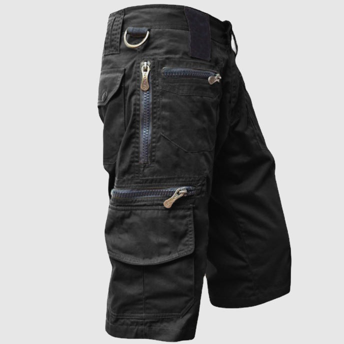 Khaki cotton cargo shorts with multi-pocket design and zipper fly, built for outdoor adventure