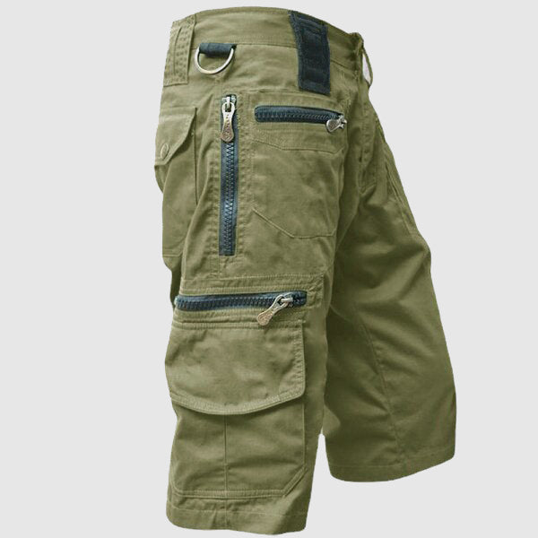 Men's khaki cargo scout shorts durable cotton multi-pocket zipper fly outdoor adventure wear