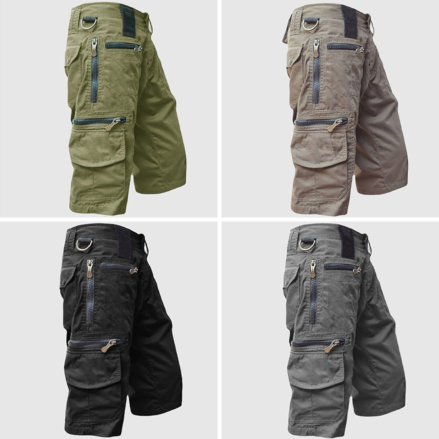 Men's khaki tactical cargo shorts with multi-pocket design and zipper fly for outdoor adventure