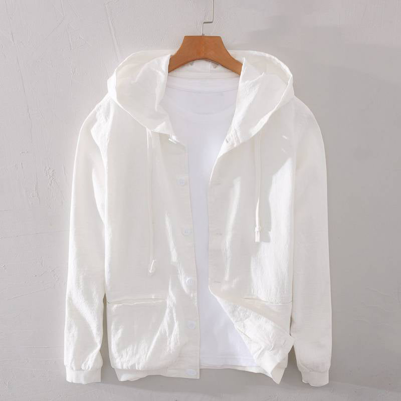 Lightweight hooded ramie cotton blend jacket with front pockets, casual versatile spring layer