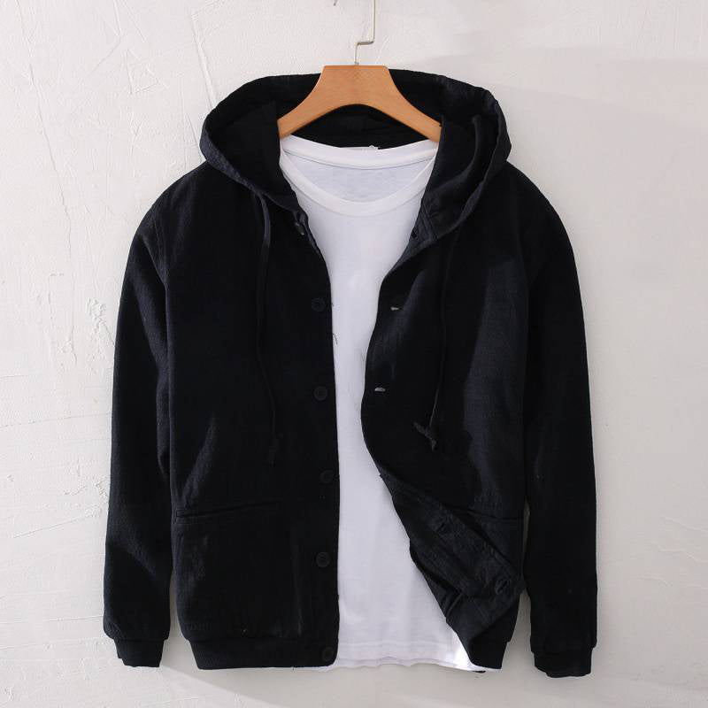 Lightweight hooded ramie cotton blend jacket with front pockets in neutral casual spring style