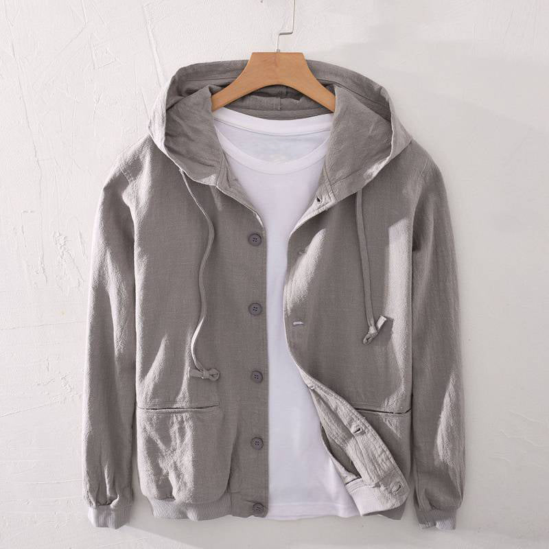 Lightweight hooded ramie cotton blend jacket with front pockets, casual versatile spring style