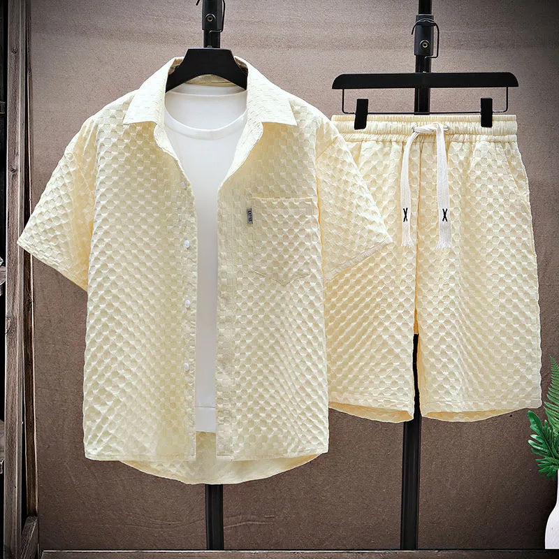 Men's beige textured cotton streetwear matching set relaxed fit button shirt drawstring shorts