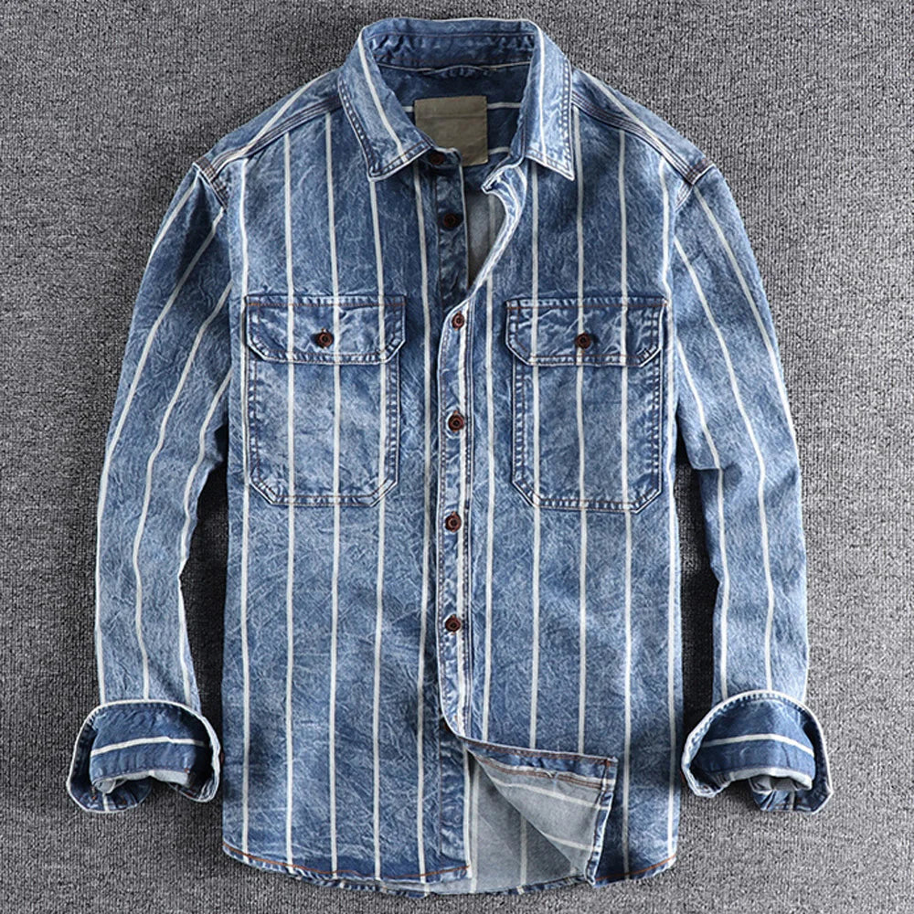 Blue white striped washed denim shirt vintage style midweight cotton with front pockets casual fit