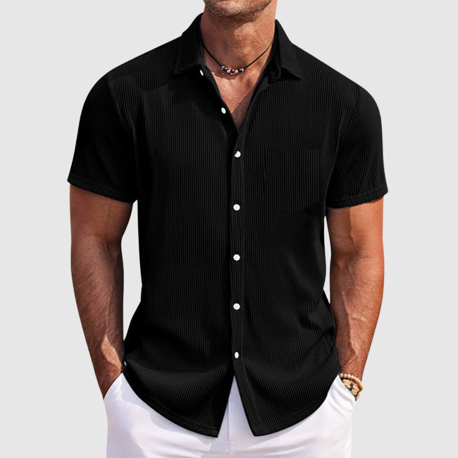 Men's striped summer button-up shirt with turn-down collar, chest pocket, breathable casual fit