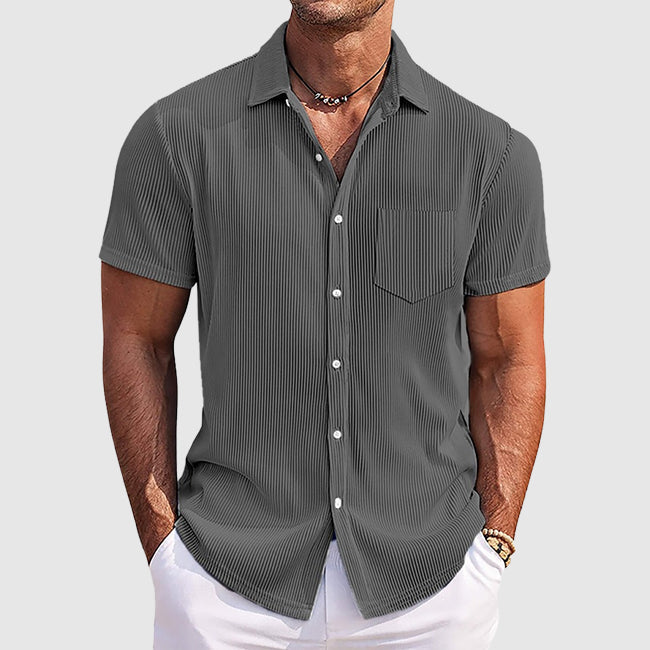 Men's blue striped summer button-up shirt with turn-down collar and classic chest pocket