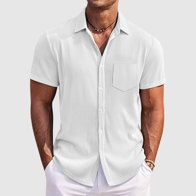 Men's striped summer button-up shirt with turn-down collar, chest pocket, breathable casual fit