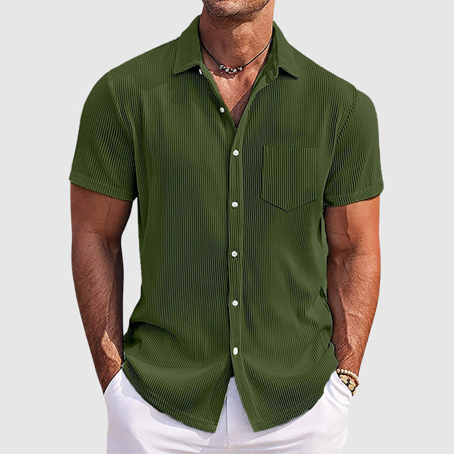 Men's striped summer button-up shirt with turn-down collar, chest pocket, breathable polyester blend