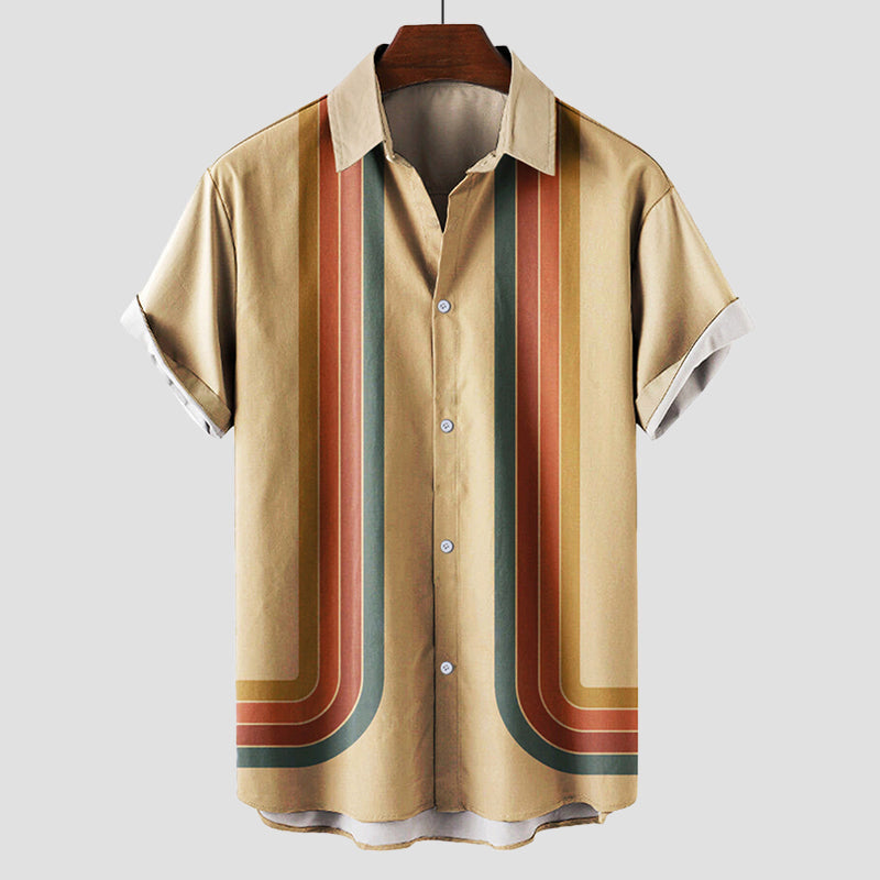 Vibrant striped retro unisex short sleeve cotton shirt with bold multicolor summer pattern