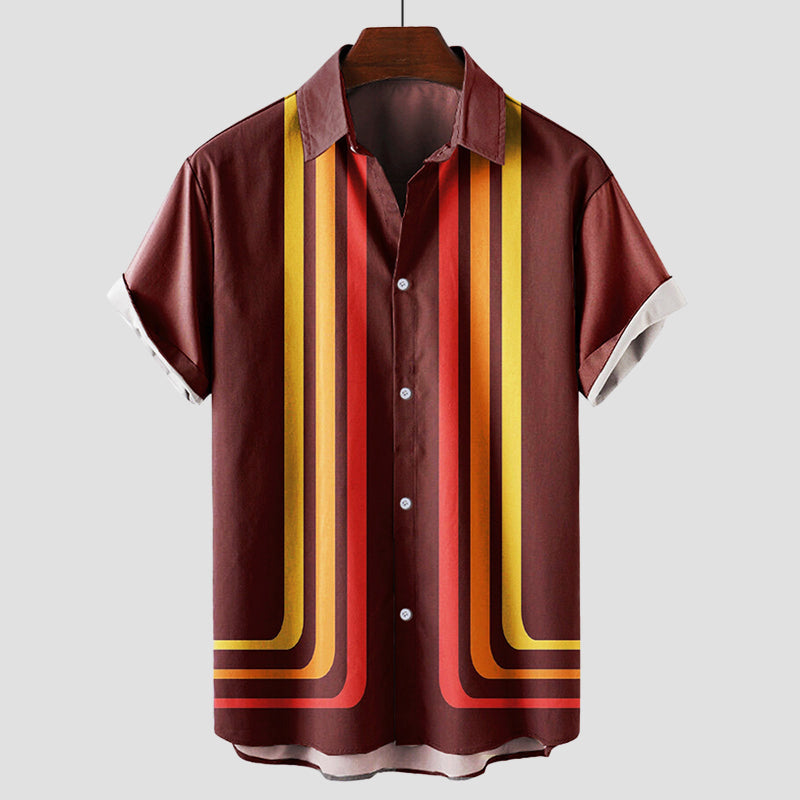 Vibrant striped retro unisex short-sleeve cotton shirt with bold multicolor pattern for summer