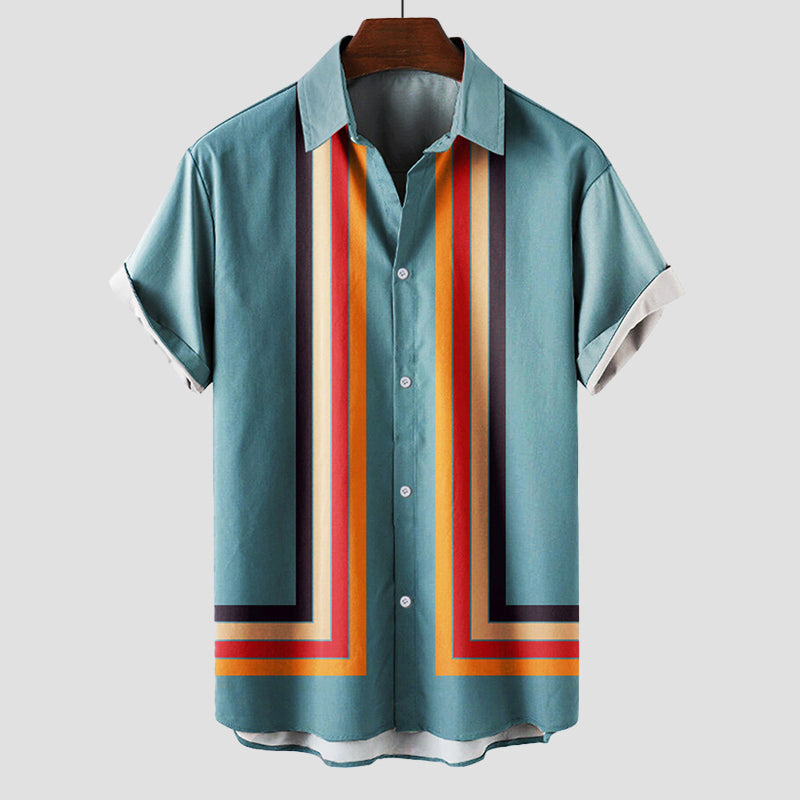 Vibrant striped retro unisex short sleeve cotton shirt with bold multicolor summer pattern