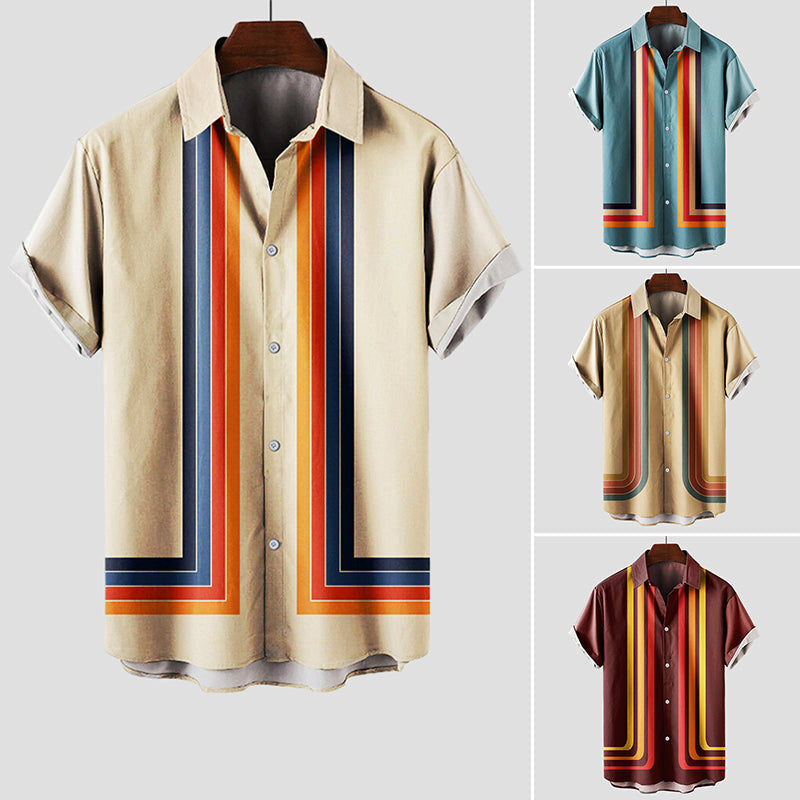 Vibrant retro stripe unisex short sleeve cotton shirt with bold multicolor summer pattern