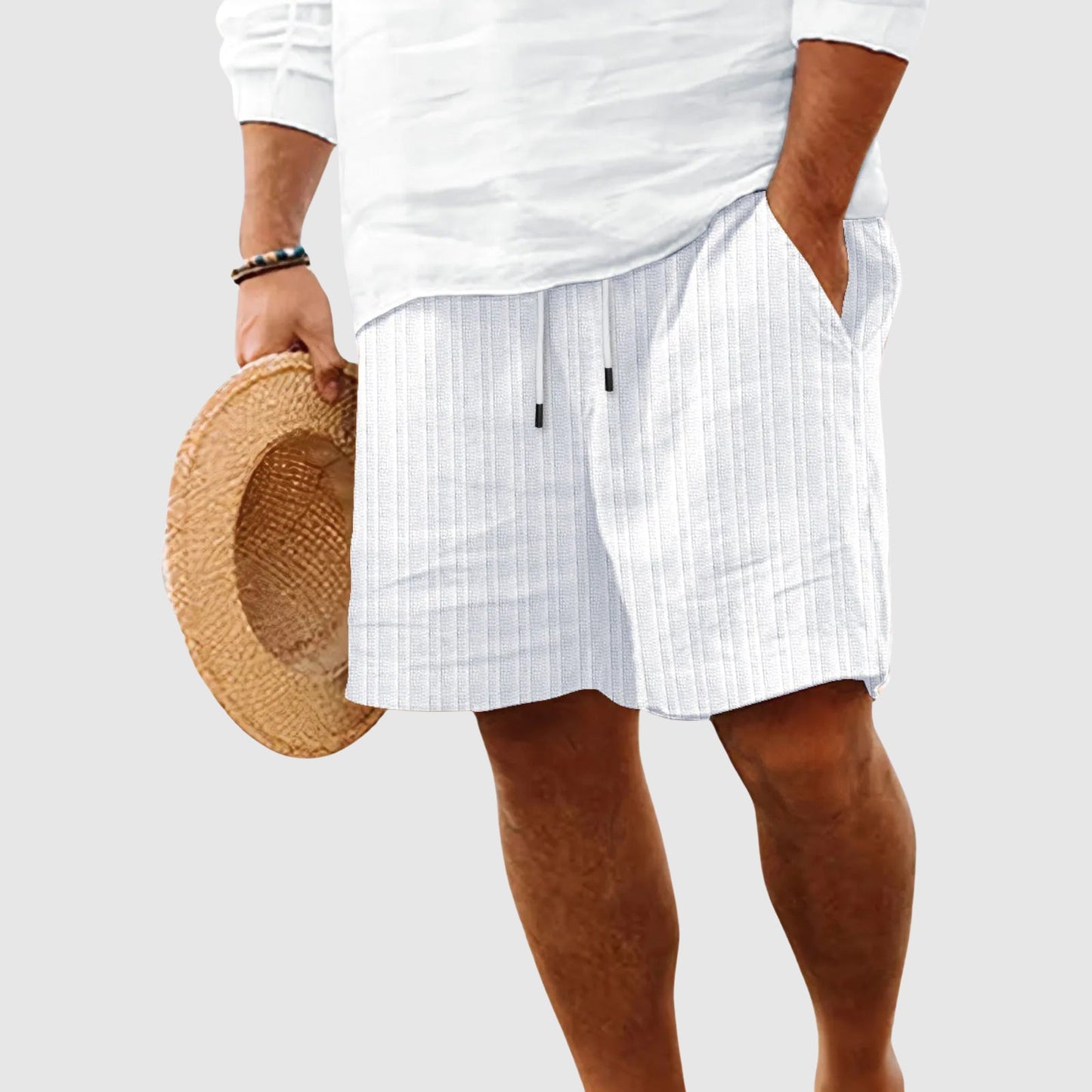 Men's sunset striped cotton-poly shorts with jacquard texture, drawstring waist, lightweight relaxed fit