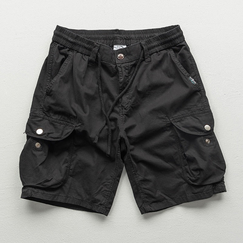 Men's khaki relaxed-fit cargo shorts with micro-bounce elasticity and multi-pocket utility design