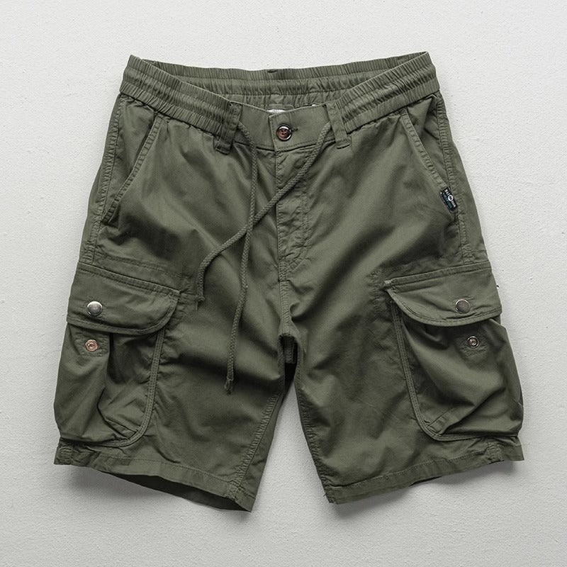 Men's khaki relaxed-fit cargo shorts with micro-bounce elasticity and multi-pocket trailblazer design