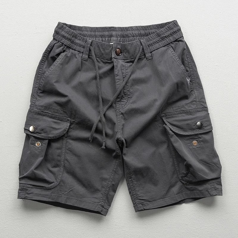 Men's khaki relaxed-fit cargo shorts with micro-bounce elasticity and multi-pocket utility design