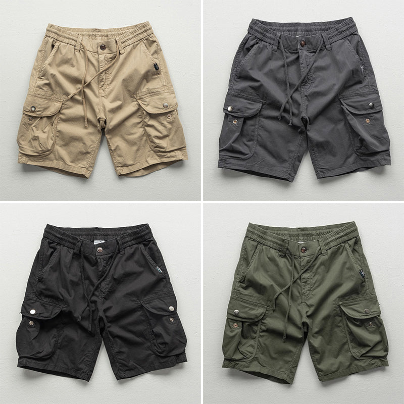 Men's khaki relaxed-fit cargo shorts with micro-bounce elasticity and multi-pocket trail design