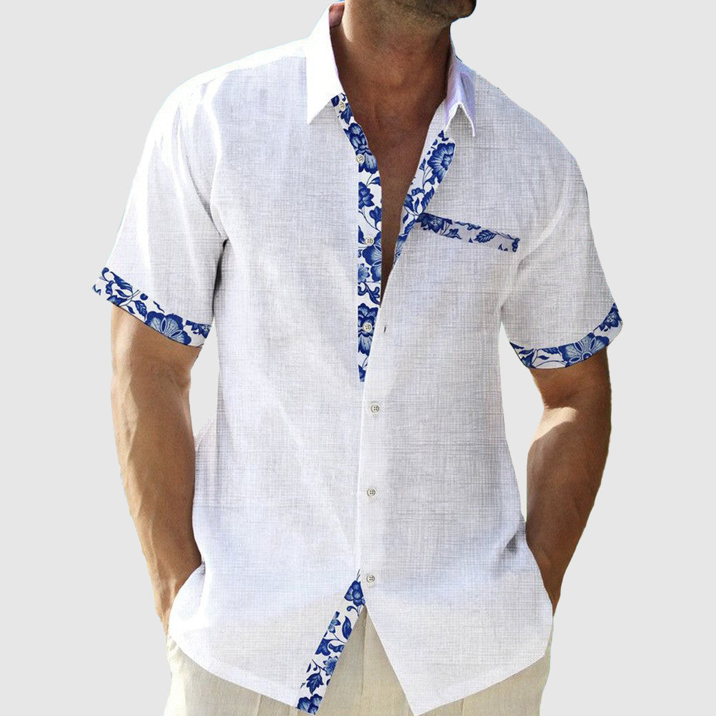 Men's beige linen tailored-fit shirt with floral trim accents on collar and cuffs for beachwear