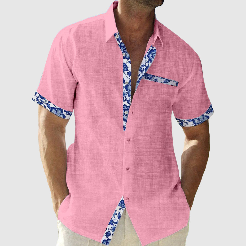 Men's beige linen tailored-fit shirt with floral trim accents on collar and cuffs, lightweight beachwear